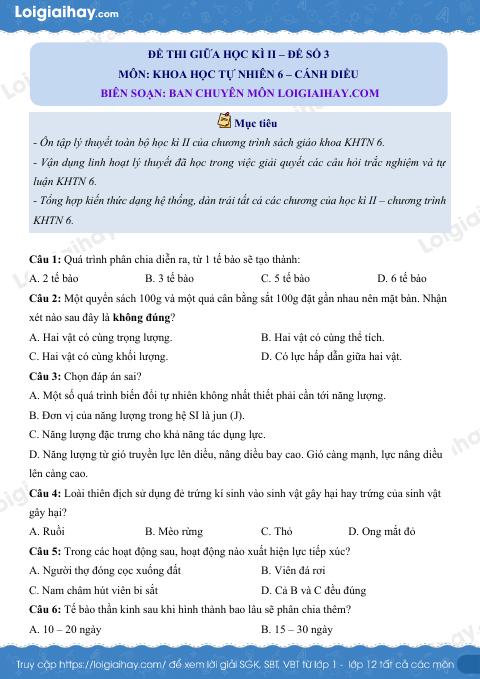 Đề thi giữa kì 2 KHTN 6 Cánh diều - Đề số 3